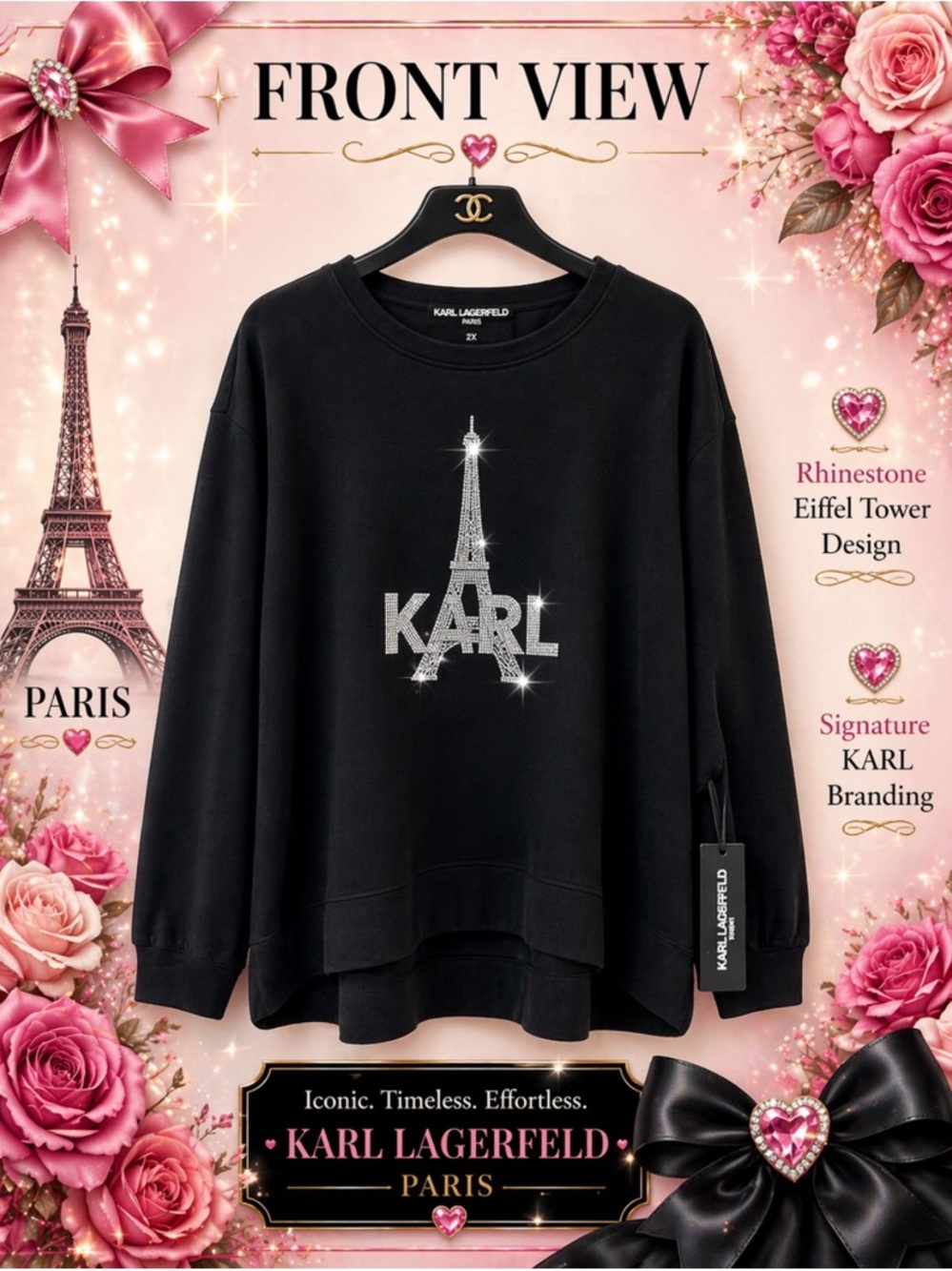 Karl Lagerfeld Black Sweatshirt with Silver Paris Eiffel Tower Women Size 2X NWT - Picture 2 of 12